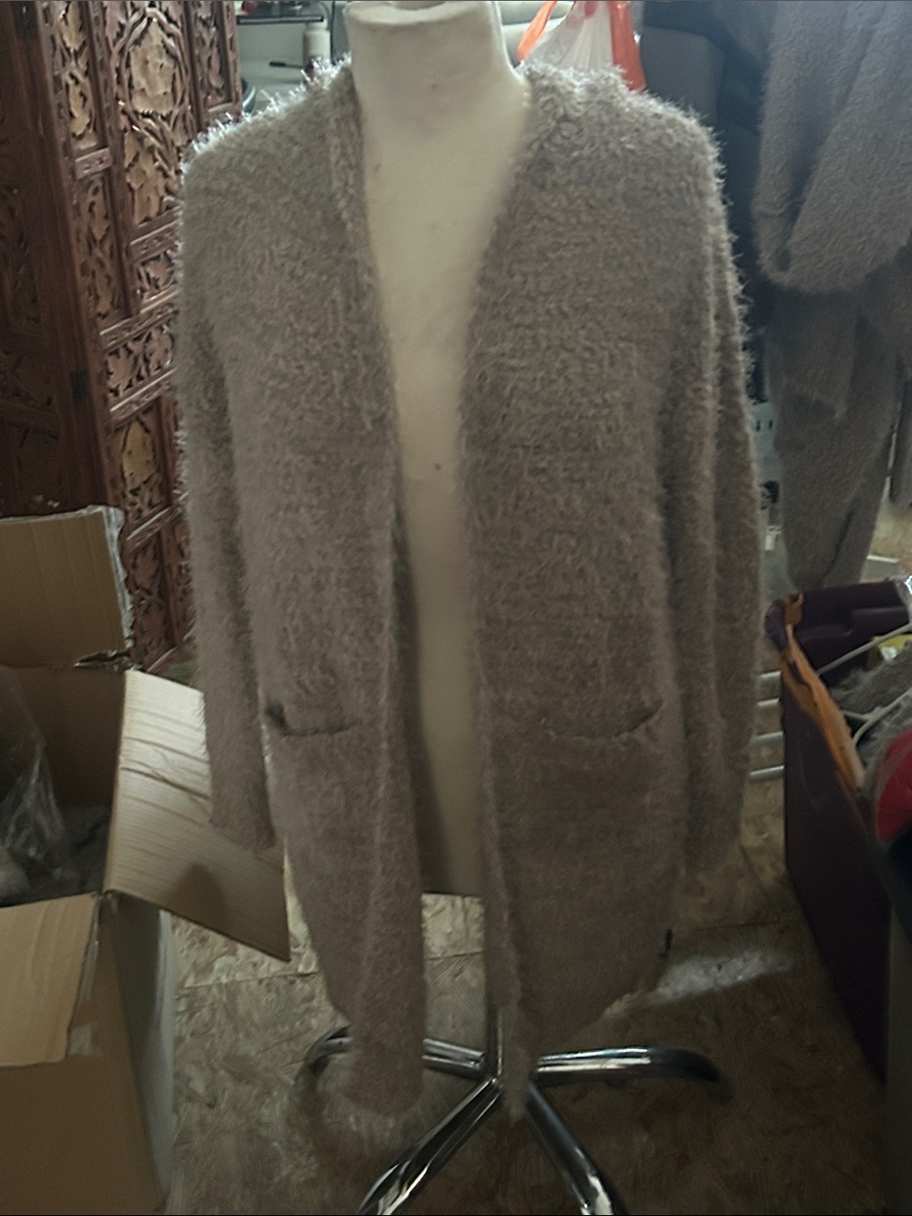 Cozy Fuzzy Open-Front Cardigan in Taupe